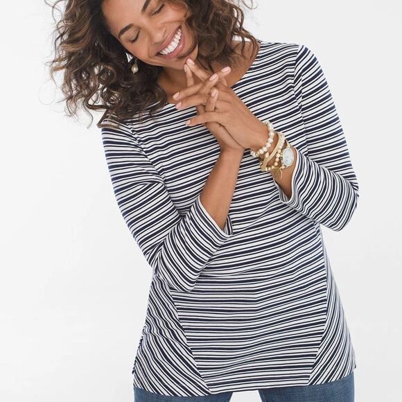 Chico’s Womens Top Mixed Stripe Ponte Navy Blue White M - Picture 1 of 6